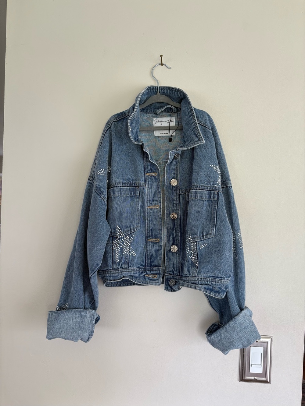 Light Blue Denim Jean Jacket with Star Stud Accents - Kids
